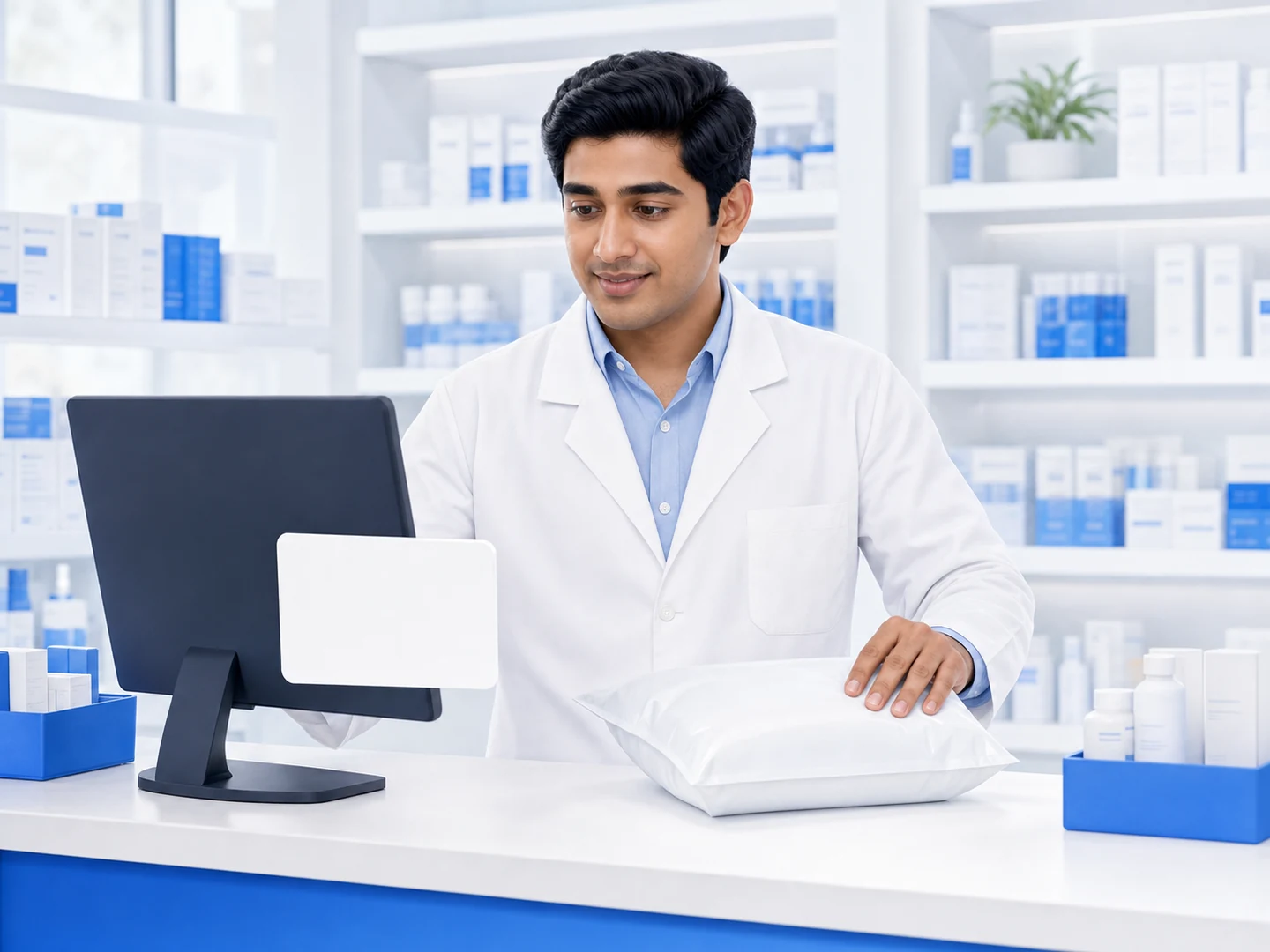 Licensed local pharmacist reviewing and fulfilling a medicine request